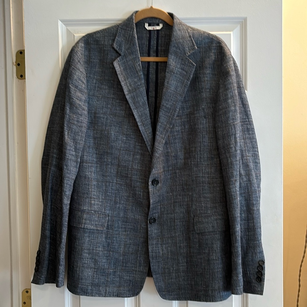 Billy Reid Linen Sill Blend Blue Windowpane Suit Jacket 44R